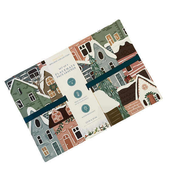 Envogue Christmas Village Faux Leather Placemats 13x19 Set of 4 New - Picture 8 of 10